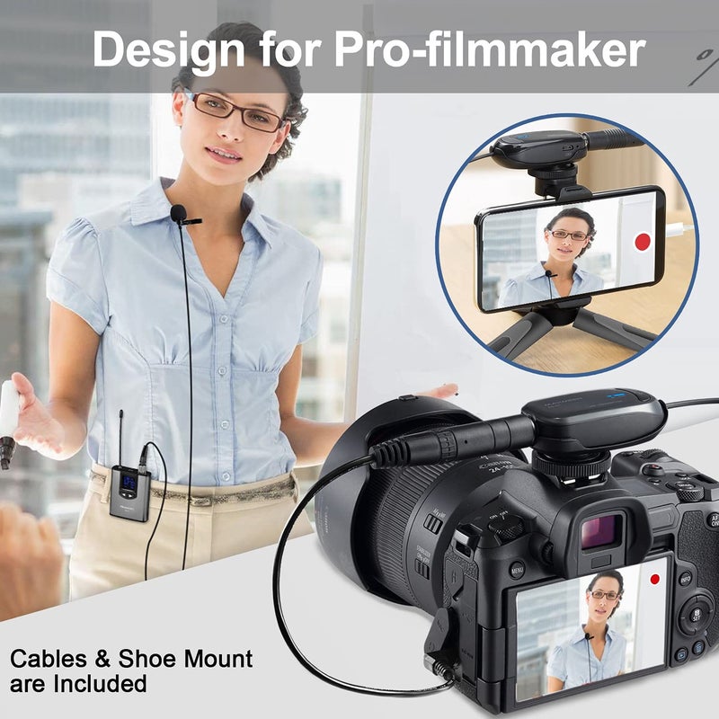 Alvoxcon UHF Dual Channel Wireless Lavalier Microphone System with Volume Control for iPhone, DSLR, PA Speaker, YouTube, Podcast, Video Recording, Conference, Vlogging, Church, Interview, Teaching - Image 2